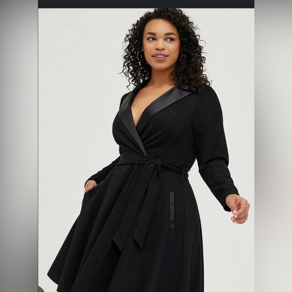Black mini tuxedo dress with satin accents